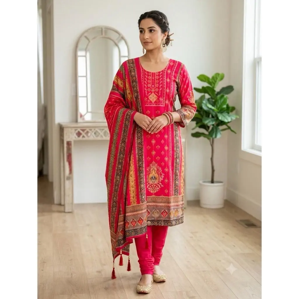 Women's Printed Kurta Set with Dupatta Elegant Three-Piece Outfit Ethnic Wear Trousers and Casual Kurti Set Traditional Festive Wear M/38” L/40” XL/42” XXL/44”