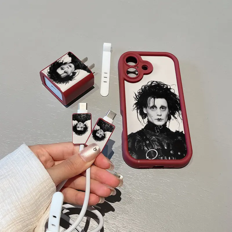 5 Piece Set Wine Edward Scissorhands Phone Case, Charger Head Cover, Cable Protector, Storage Rope, Anti-Drop Tpu Shell for iPhone