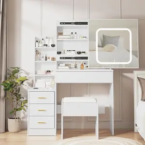 Vanity Desk with Mirror and LED Lights, Makeup Vanity Desk with Sliding Lighted Mirror, Power Outlet, Dressing Table with 4 Drawers, Storage Shelves & Cushioned Stool for Bedroom