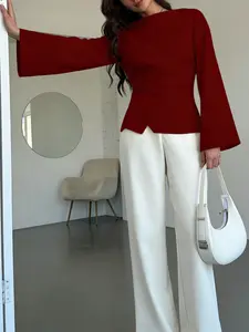 A women's light and mature style Fitted waist cinched shirt Blouse with a fashionable one collar design and Long sleeve flared sleeves for slimming and versatile commuting. Suitable for spring and autumn, home, indoor, and outdoor wear