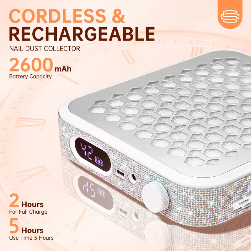 CHRISTINE SHELLY Cordless & Rechargeable Nail Dust Collector - Nail Care Vacuum Fan with Adjustable Suction, ABS Body, 30pcs Disposable Filter Cotton, Reusable Filter, Cleaner Workspace (Salon & Home Use)