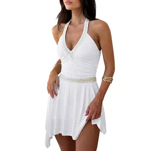 Aprilake Women's Sexy Halter V Neck Mini Dress Contrast Trim Ruched Fit and Flare Asymmetric Ruffled Hem Backless Club Party Short Dress