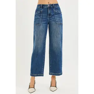 RISEN Slouchy Cropped Baggy Jeans with Front Patch Pocket