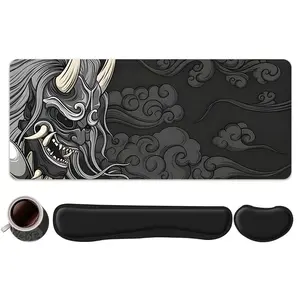 4pcs Japanese Oni Mask with Clouds Design Mouse Pad + Keyboard Wrist Rest + Ergonomic Mouse Pad + Coaster Set For Desktop Decoration, Office Accessories Set Ergonomic Wrist Support, Computer Mat Mouse Pad Coaster Suitable For Home Office Gaming