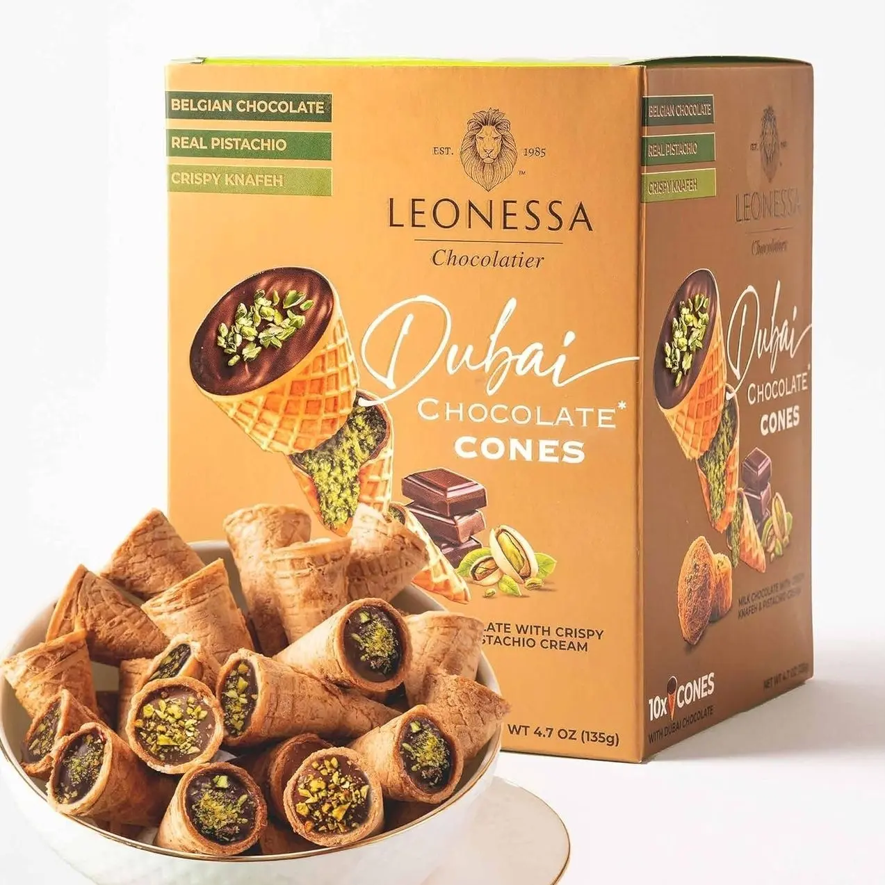Leonessa Dubai Chocolate Cones with Pistachio Kunafa | Made with Premium Belgian Chocolates | Kunafa Chocolate | Chocolates de Dubai - 4.7 oz