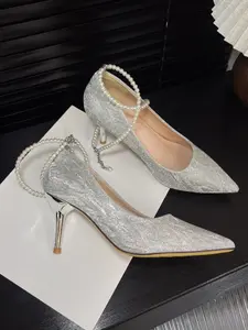 Women's Silver Color Stiletto Heels, Elegant Party Wedding Shoes, Pointed Toe, PVC Sole, Comfortable High Heels, All Seasons