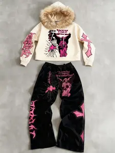 TikTok Viral "Do You Believe In Angels" Pink Angel & Heart Graphic Geometric Fur-Trimmed Tracksuit Outfit Soft Cotton Cozy Home Loungewear Streetwear Oversized Y2K Edgy Gothic Aesthetic Daily Wear Comfortable Trendy Must-Have on TikTok