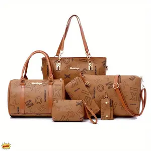 Women's 6-Piece Retro Letter Printed Shoulder Bag Set - Tote, Wallet, Keychain for Commute, Casual Use - Stylish Bags, Handbags for Women