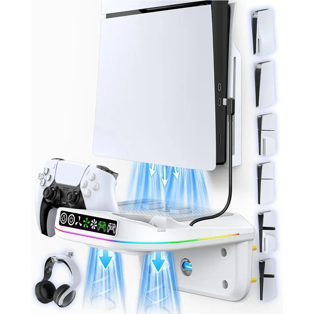 PS5 Console Wall Mount Kit with Cooling Fan and Charging Station Compatible with PS5/ Slim/ Pro Disc and Digital, PS5 Floating Shelf with 9 RGB Lights, PS5 Mount Behind TV, PS5 Accessories for Gaming, Gaming Products, Gaming Stuff