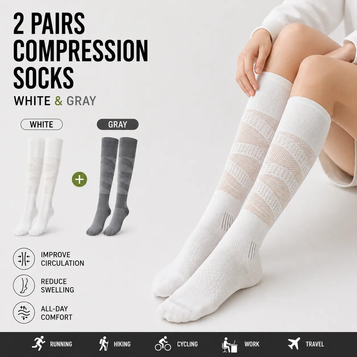2 PCS Women's Compression Socks | Breathable Knee High Support Socks | White & Gray Set