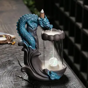 Dragon Design Backflow Incense Burner, Creative Incense Holder with Windproof Cover & LED Light, Home Decor Ornament for Living Room Bedroom Office, Freshener