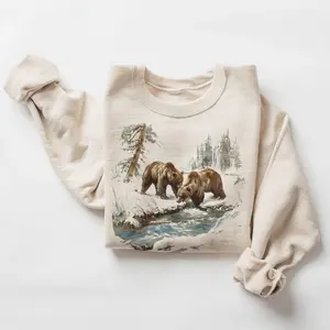 Retro Grizzly Bears Wilderness Scene Sweatshirt - Nineties 90s Vintage Brown Bear Outfit - Boho Unisex Crewneck Sweatshirt