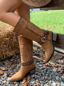 Women's Shark Lock Fold Knee Boots, Cowgirl Western Boots, Wedge High Heel Design, Zipper Closure, Round Toe, Luxury Fashionable Footwear