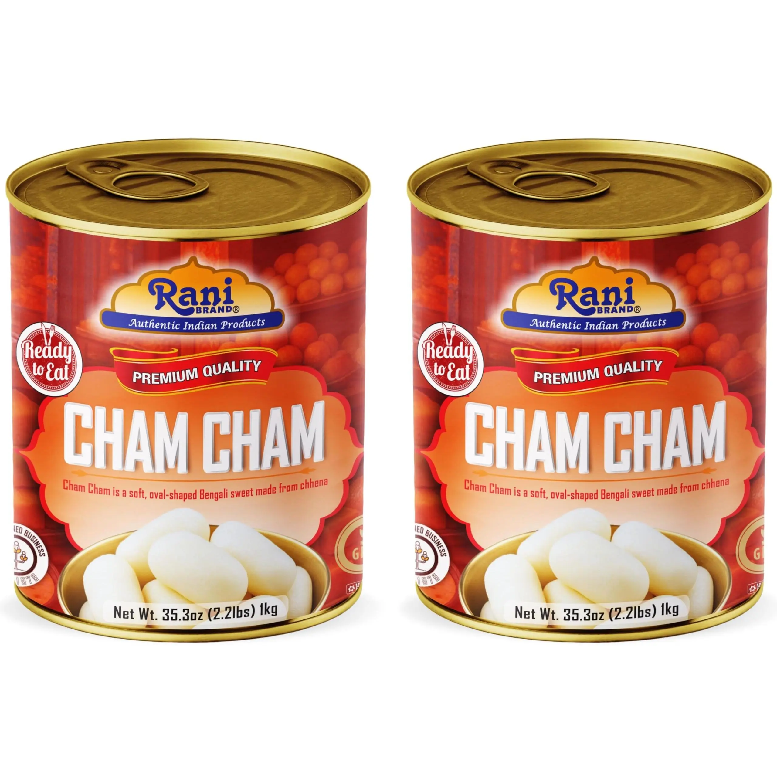 Rani Cham Cham (Oval-shaped Bengali Sweet) 35.3oz (2.2lbs) 1kg, Pack of 2, Approximately 14 pieces, Easy Open Lid ~ Ready to eat | Gluten Free | Non-GMO | Kosher | Indian Origin