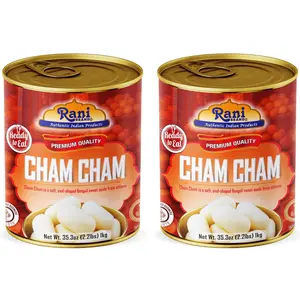 Rani Cham Cham (Oval-shaped Bengali Sweet) 35.3oz (2.2lbs) 1kg, Pack of 2, Approximately 14 pieces, Easy Open Lid ~ Ready to eat | Gluten Free | Non-GMO | Kosher | Indian Origin