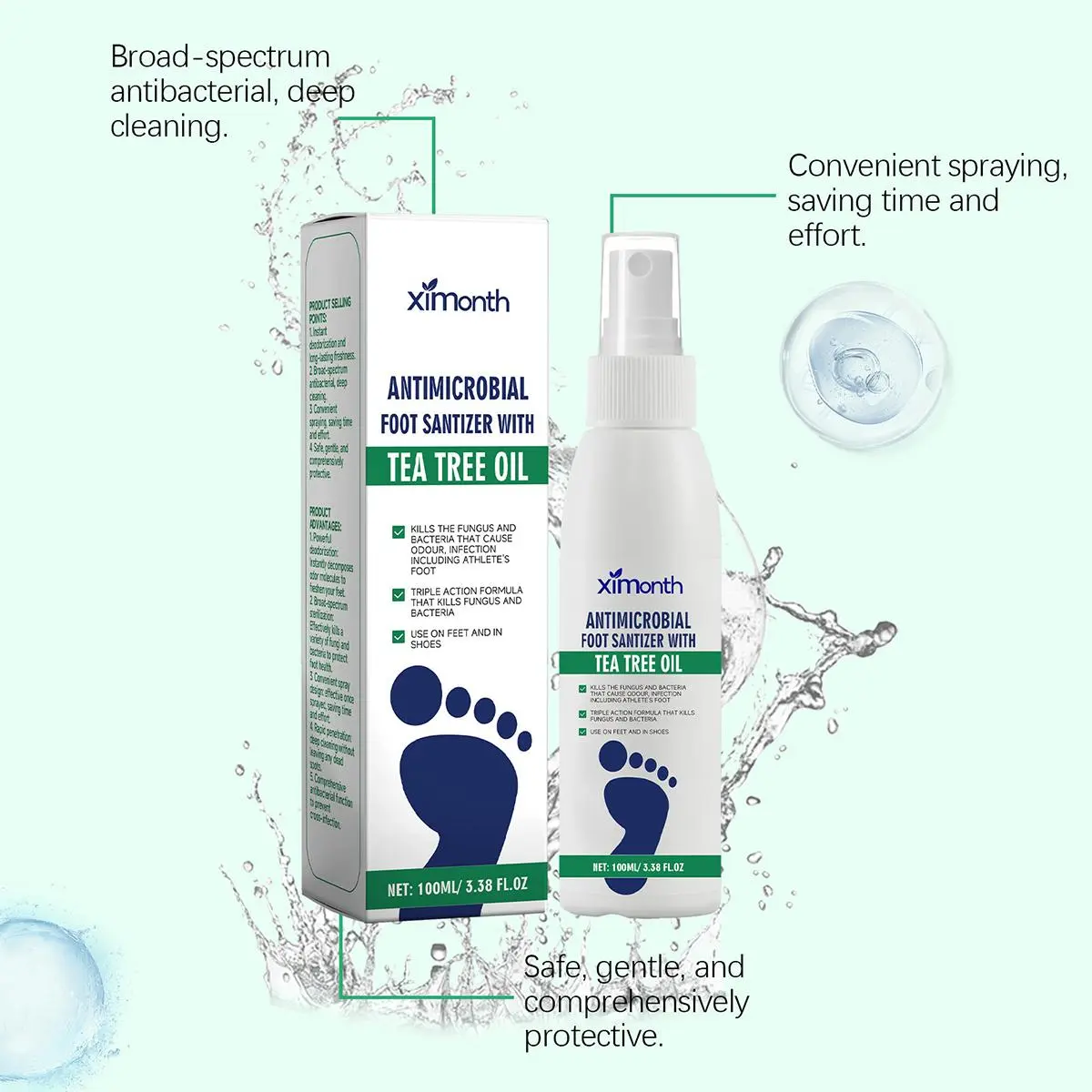 Foot Deodorant Dry Skin Care Spray With Tea Tree Oil, Broad Spectrum Antibacterial, Refreshing Odor Eliminator, Soothe Foot Skin, Portable Easy Use, Gentle Non-Irritating Foot Care Spray For Daily Sports Outdoor Use