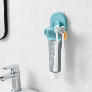 3-in-1 Adjustable Toothbrush Holder with Toothpaste Dispenser and Squeezer: Space-Saving Bathroom Organizer, Vertical Storage, Eco-Friendly Plastic Accessory & Cleaning Tool.