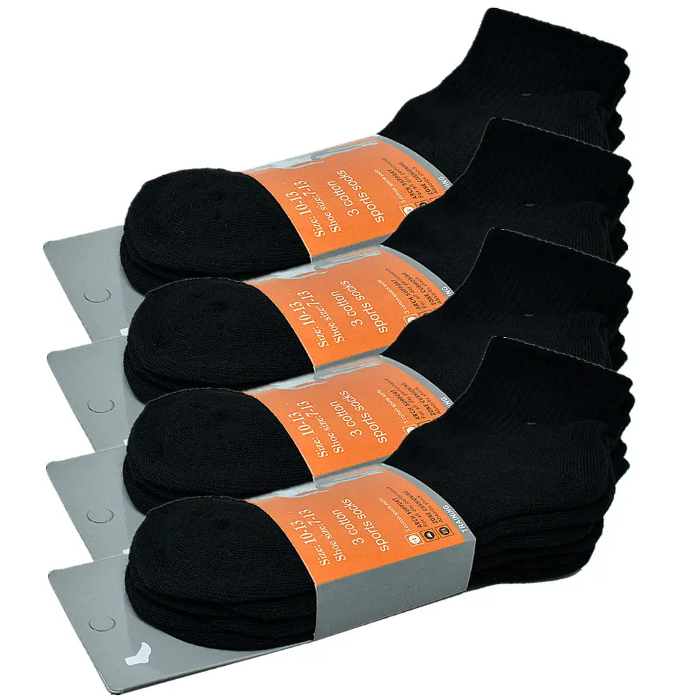 Men's High Quality Cotton Cushioned Black Ankle Crew Socks Size 9-13 Workout Spandex