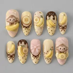 Handmade Kawaii Banana Monkey Press On Nails | Cute Chocolate Drip Fruit Nails with Bow & 3D Charms | Sweet Dessert Inspired Nail Set