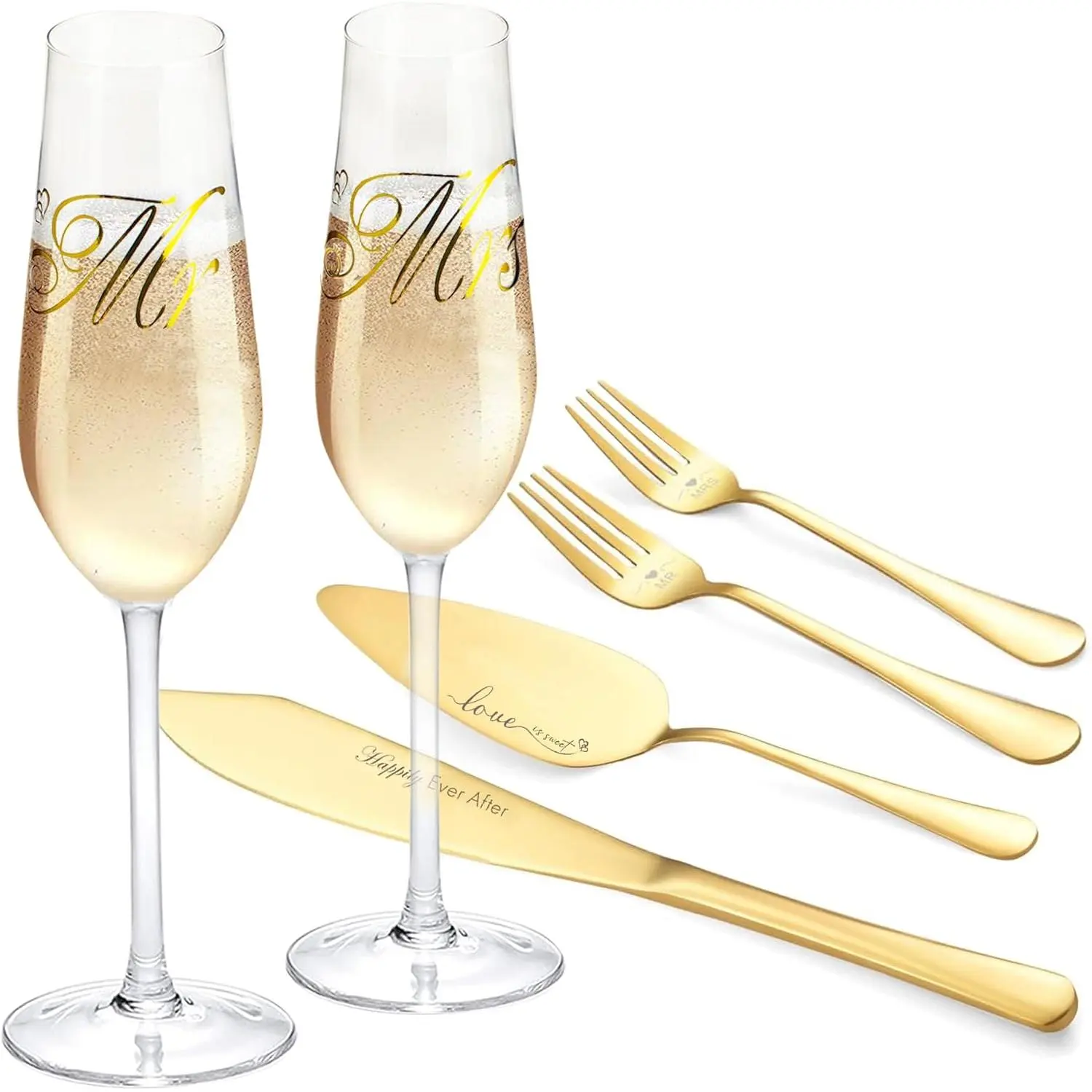 Thick Stainless Steel Wedding Cutlery & Tableware Set - Bride and Groom Mr and Mrs Champagne Flutes with Cake Server