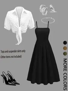 2-Piece Women's Elegant Set with Short Tie-Front Shirt and Strappy Midi Dress, Fashionable Dress Combo for Stylish Occasions