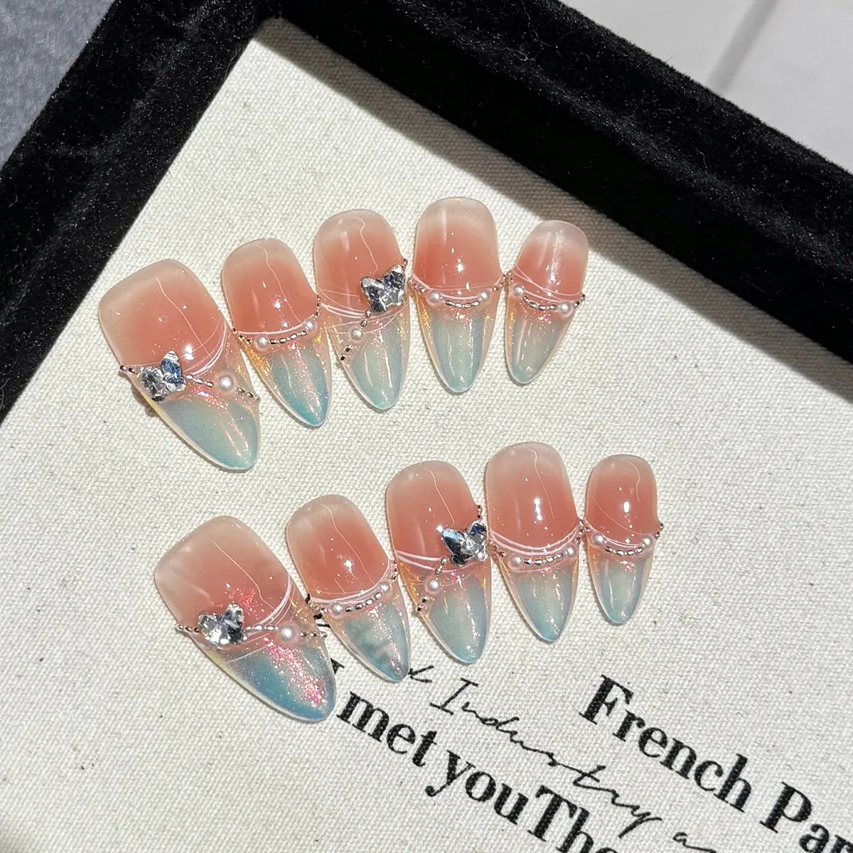 Medium Almond Press-On Nails | Aurora Pink French Tip Handmade Fake Nails | Removable and Reusable | Free Tool Kit Included
