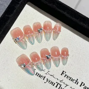 Medium Almond Press-On Nails | Aurora Pink French Tip Handmade Fake Nails | Removable and Reusable | Free Tool Kit Included
