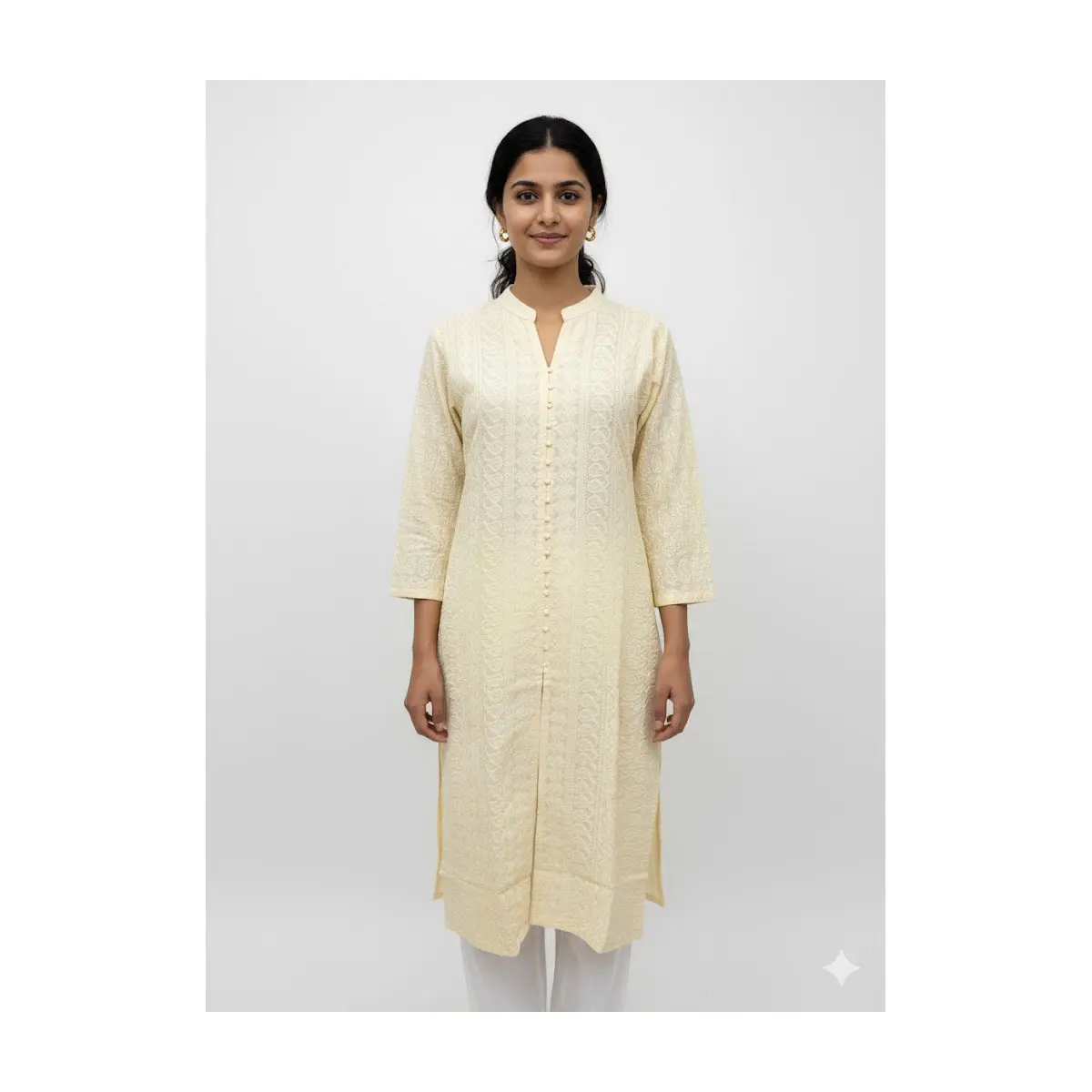#LKH-3 Elegant Pale Yellow Chikankari Embroidered Kurti