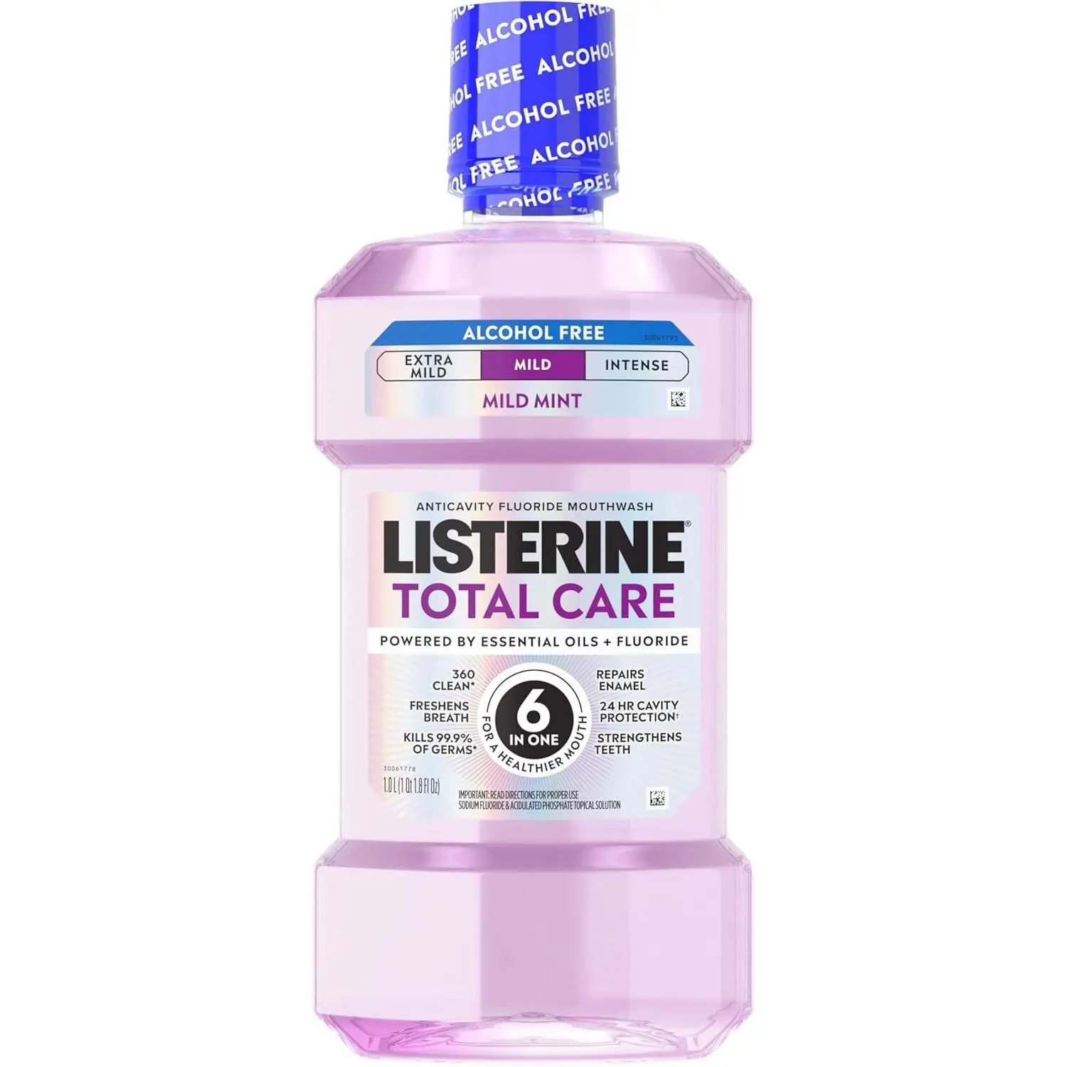 Listerine Total Care Alcohol Free Mouthwash, Mild Mint, 33.8 fl. oz/1L | Anticavity Fluoride Mouthwash, No Burn Oral Rinse Prevents Cavities, ADA Accepted, Kills 99.9% of Bad Breath Germs