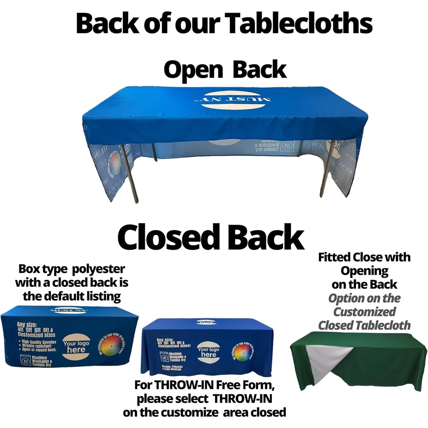 Personalized Customized with Logo Table Cloth 6 FT Table for Tradeshow Events Birthday Wedding Tradeshow Mantel Personalizado (6FT 30" x 72" x 30" Closed Back)