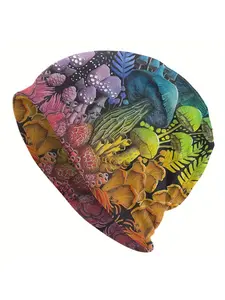 Biihudu Men'S Novelty Beanie Hat, Fashionable Mushroom Print, Polyester & Spandex, Unisex Knit Cap, Knitting Beanie, No-Brim Sports Hat, Uniqu