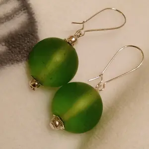 Handmade Green Glass Big Earrings with Silver Accents - Large Statement Piece