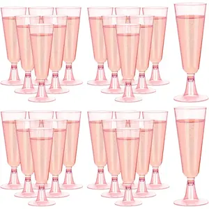 50 Pcs Disposable Champagne Flutes, Clear 5oz Plastic Wine Glasses, Assembled Plastic Champagne Cups for Party, Wedding, Cocktail (Clear Pink)
