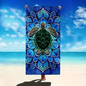 1PC Oversized Quick-Drying Beach Towel, Turquoise Navy Blue Mandala Turtle Pattern, Absorbent Towel for Pool, Travel, Bath, Lightweight Bath Mat, Poolside Accessory, Summer Style Essential