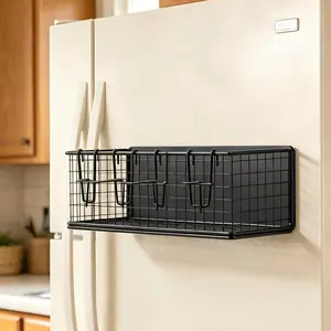 Magnetic Refrigerator Organizer Basket with Hooks Strong Magnet Kitchen Spice Rack No Drill Wall Mount Storage for Condiments Utensils Snacks Black Metal Wire Basket for Small Kitchen Organization Steel Handy Traeger Smoker Grills Compatibility