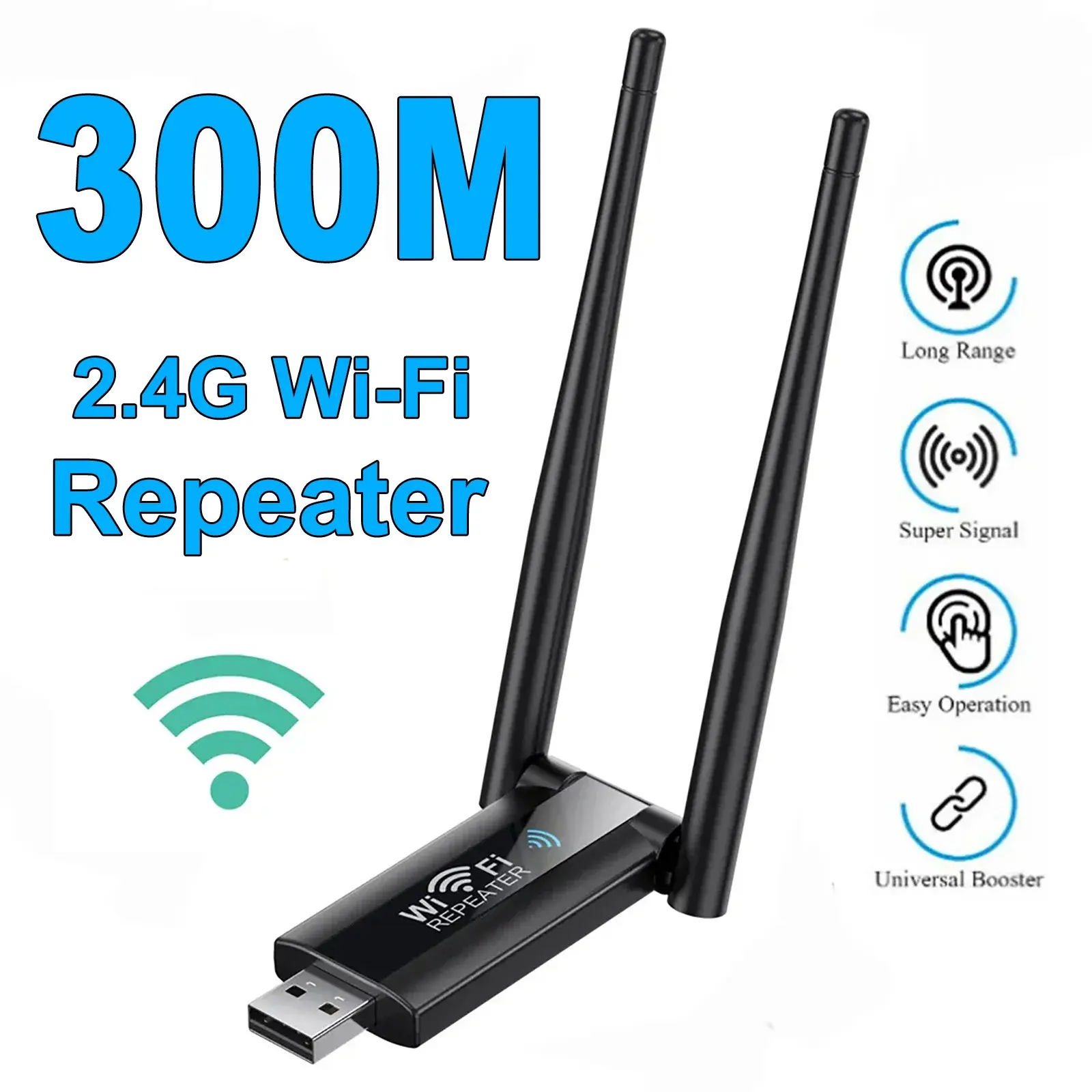 2.4G 300Mbps 802.11n Wireless USB WiFi Repeater with USB Port, Long Range Wi-Fi Boosting Amplifier for Home Network Extension