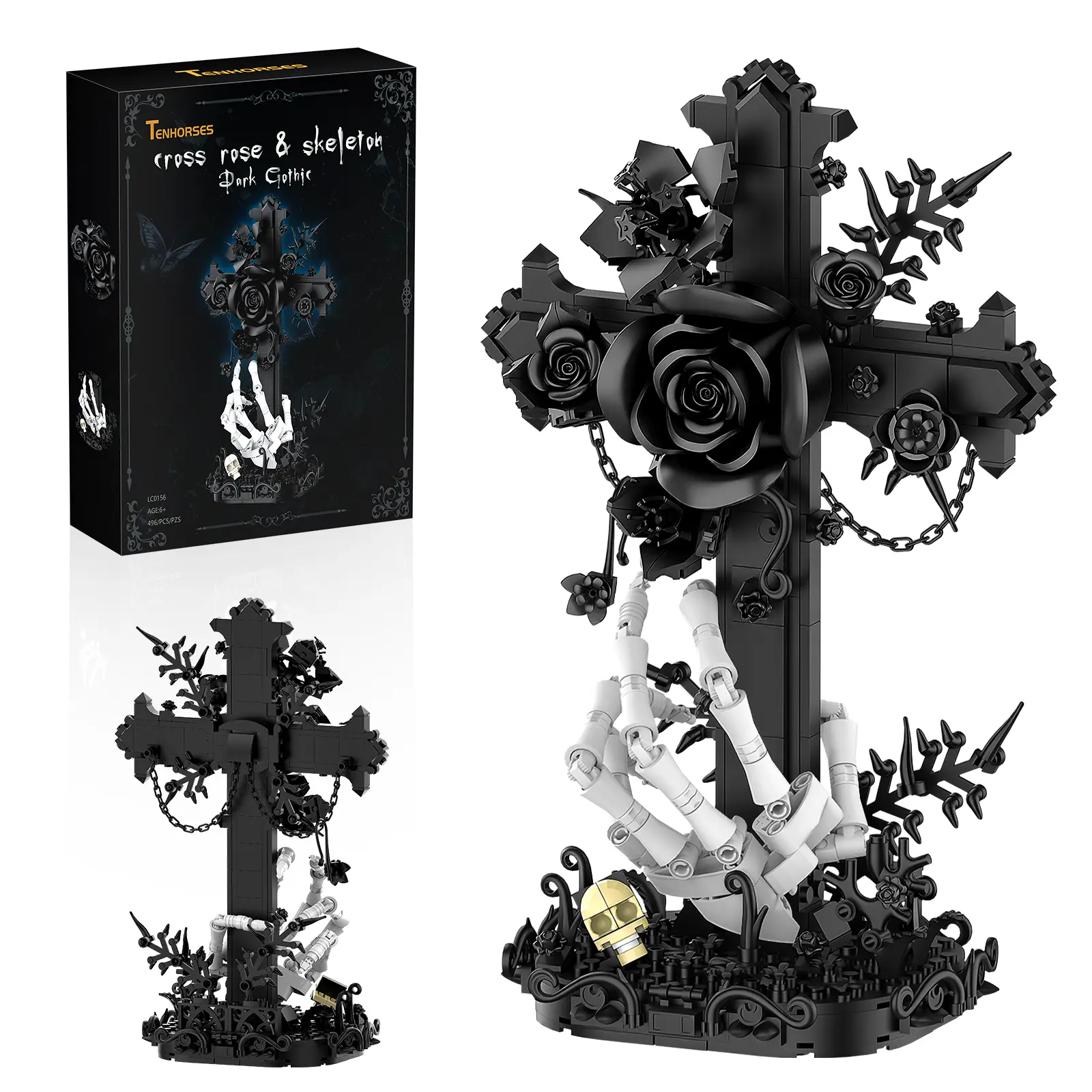 BUILDIFY  Gothic Cross Flower Building Set with Skull Hands, Crucifix Rose Skeleton Model, Dark Aesthetic Display Decor for Home Office, Halloween for Adult Teens Kids, 498PCS