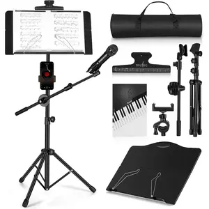 Music Stand,  Folding Sheet Music Stand with Detachable Microphone Stand & Phone Holder, Portable Lightweight with Music Sheet Clip Holder & Carrying Bag for Instrumental Performance