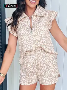 Summer Fashion Leopard Print Zipper Polo Shirt and Shorts Set, Stylish Two-Piece for Men, Perfect for Casual Wear, Clothes