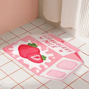 Cute Pink Fruit Strawberry Milk Rug Non-Slip Soft Washable Funny Irregular Shaped Bath Mat for Bathroom Bedroom Living Room