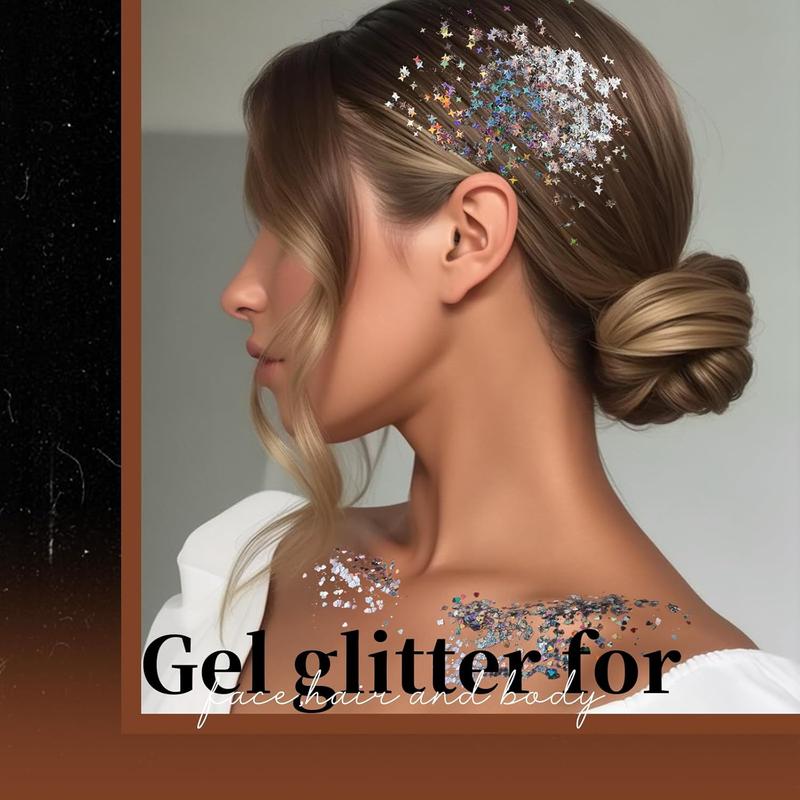 Body Glitter Face Glitter Makeup Festival Glitter, Body Glitter Gel, Hair Glitter Gel, 6 Shapes Rave Glitter, Mermaid Sequins Makeup Glitters Face Paint, Chunky Sparkling Glitter Gel for Women