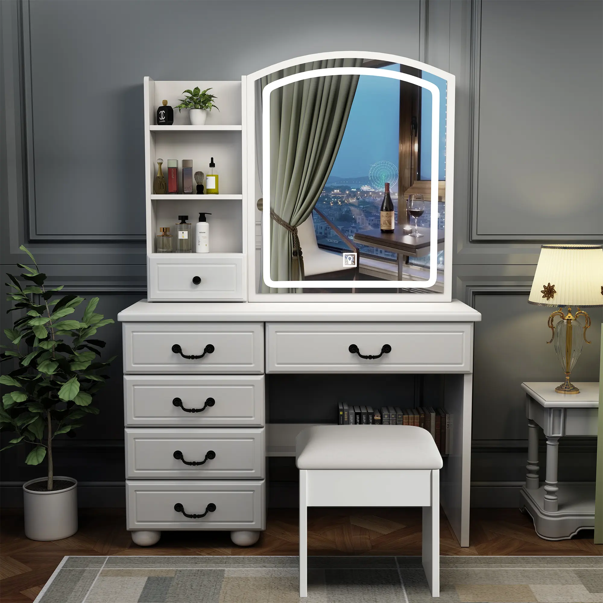 Vanity Desk with Mirror and Lights, 6 Drawers Makeup Vanity Table with 3 Color Dimmable Lighting, Large Mirror Dressing Table for Bedroom