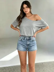 8001 Relaxed Off-Shoulder Tee — Loose Fit, Slimming, Short Sleeve, Solid Color Casual Top