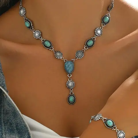 Boho Ethnic Style Turquoise Necklace Bracelet Set, Vintage Simple Party Jewelry, Unisex Accessory, Perfect Gift for Her