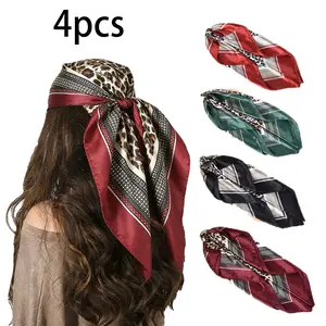 1/4pcs Women's Head Scarves, Leopard Print and Geometric Pattern Design Scarf Set - Fashion Headbands | Multi-purpose Square Scarves, Oversized, Can be Used as Headwear and Clothing Accessories, Leopard Print Headscarf