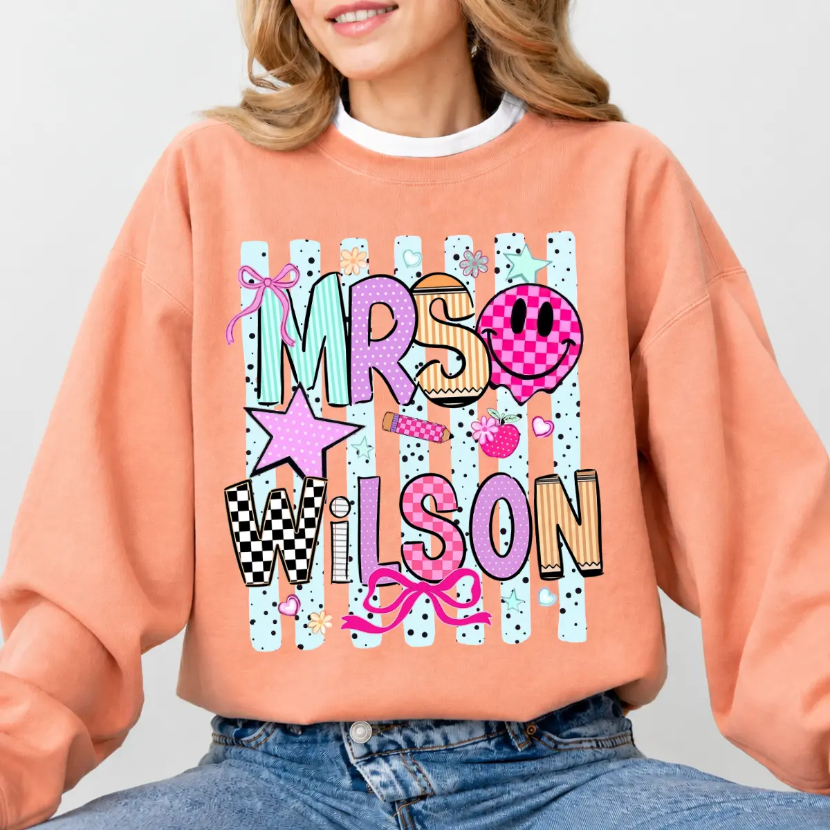 [Pls Note Name] Comfort Colors Teacher Name Sweatshirt, Striped Neon Coquette Bow Tee, Personalized Teacher Sweater, Back to School Teacher Gift Sweatshirt