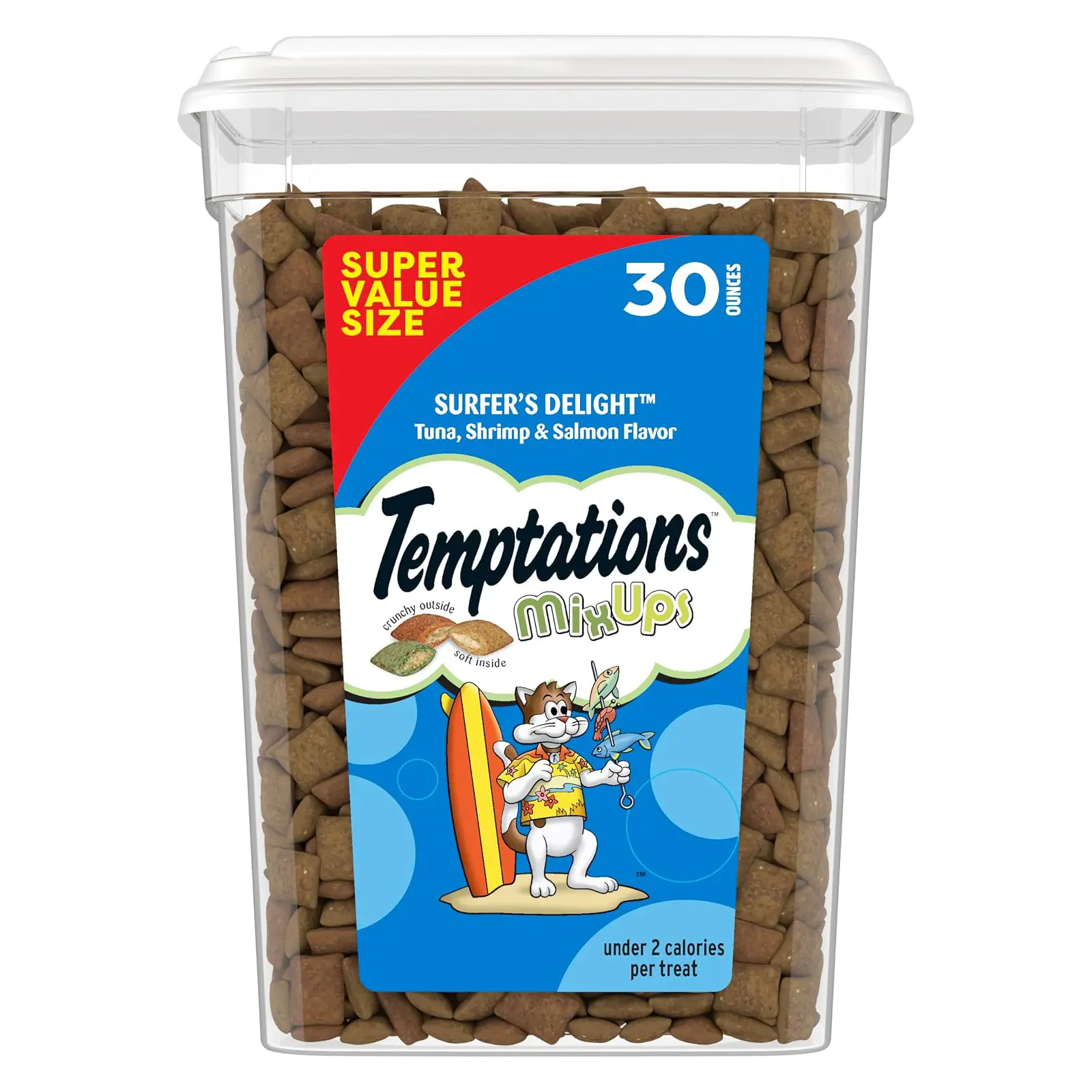 Temptations MixUps Crunchy Cat Treats, Surfer's Delight, 30 oz Tuna, shrimp & salmon flavors, under 2 calories per treat, supports dental health, resealable value tub