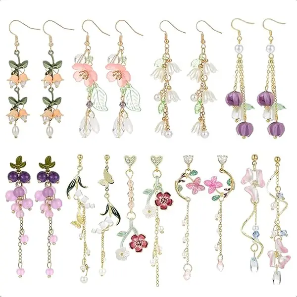9 Pairs Floral Earrings Set Inspired Long Dangle Flower Leaf Designed Earrings With Pearl Accents And Tassel Details Hypoallergenic Statement Earrings for Women