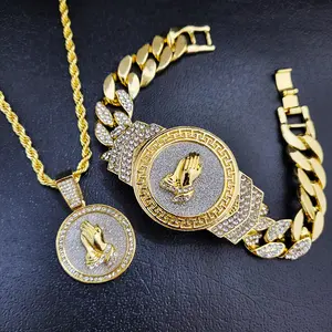 HIP HOP PRAYING HANDS CHARM BRACELET GOLD PLATED CUBIC ZIRCONIA & NECKLACE JEWELRY ACCESSORY GIFT SET