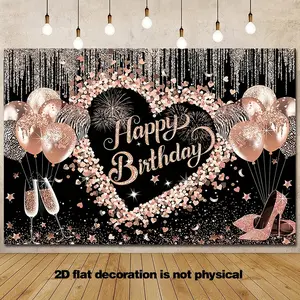 2D Flat Elegant Women's Happy Birthday Backdrop Pink Glitter Heart & Balloon Design Polyester Party Decoration No Power Needed cm Photo Booth Prop for Sweet Love Heart Celebrations Birthday Party Banners Ornaments